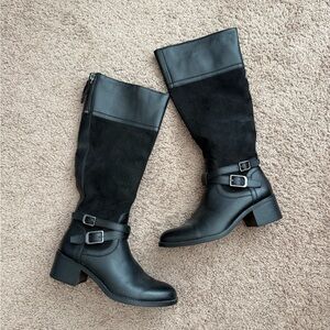 Franco Sarto Black Leather & Suede Mid-Calf Buckle Boots